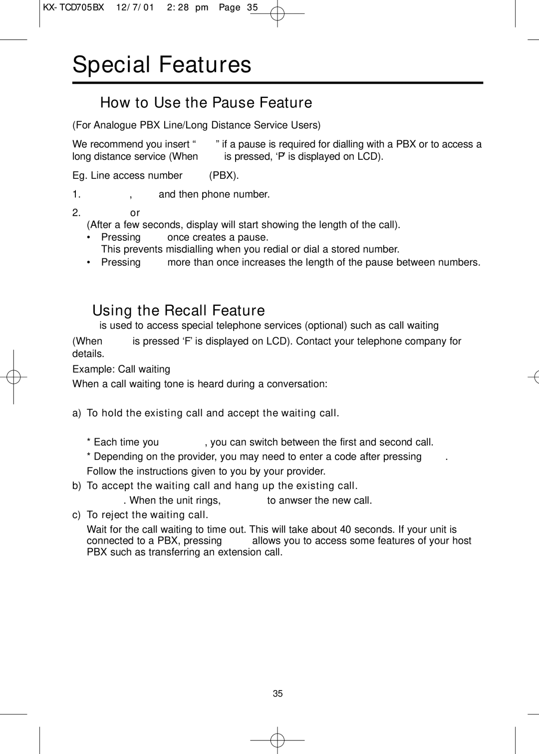 Panasonic KX-TCD705BX operating instructions Special Features, How to Use the Pause Feature, Using the Recall Feature 