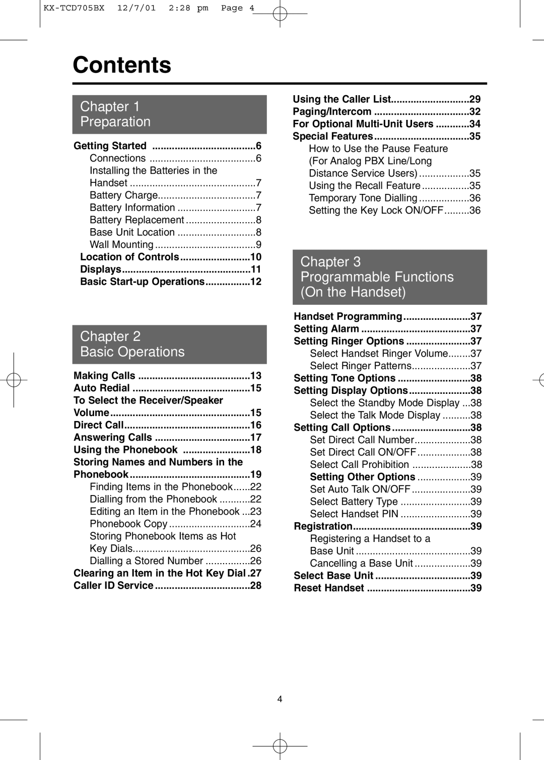 Panasonic KX-TCD705BX operating instructions Contents 