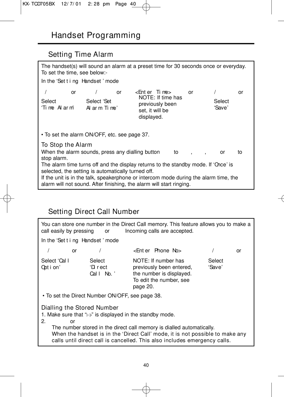 Panasonic KX-TCD705BX operating instructions Setting Time Alarm, Setting Direct Call Number 