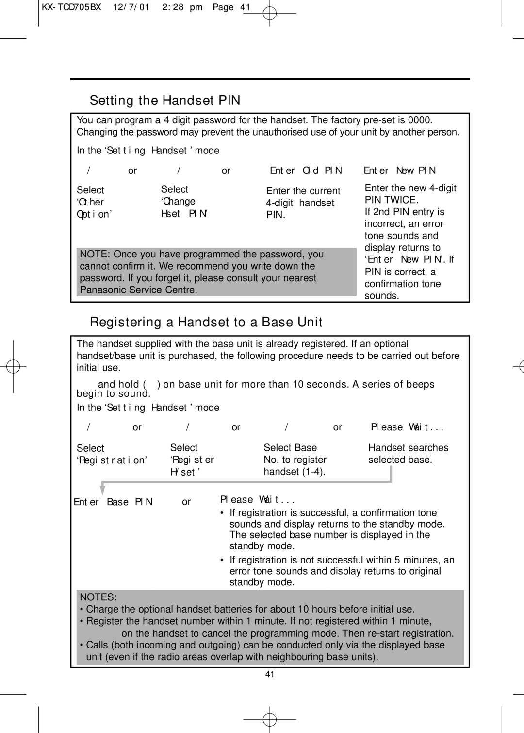 Panasonic KX-TCD705BX operating instructions Setting the Handset PIN, Registering a Handset to a Base Unit 