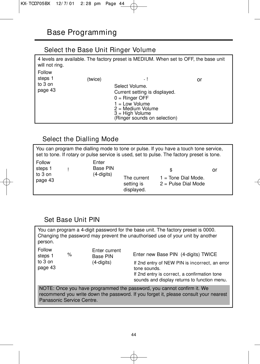 Panasonic KX-TCD705BX Base Programming, Select the Base Unit Ringer Volume, Select the Dialling Mode, Set Base Unit PIN 