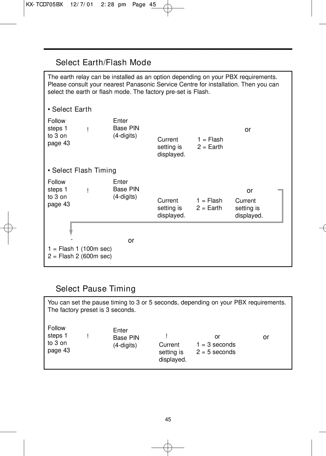 Panasonic KX-TCD705BX operating instructions Select Earth/Flash Mode, Select Pause Timing 