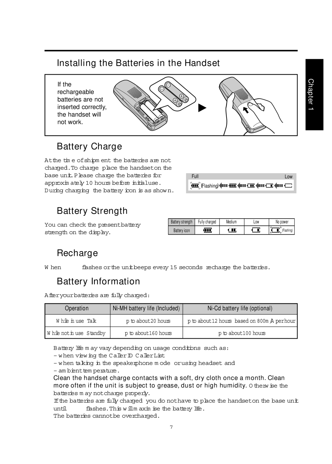 Panasonic KX-TCD705BX Installing the Batteries in the Handset, Battery Charge, Battery Strength, Recharge 