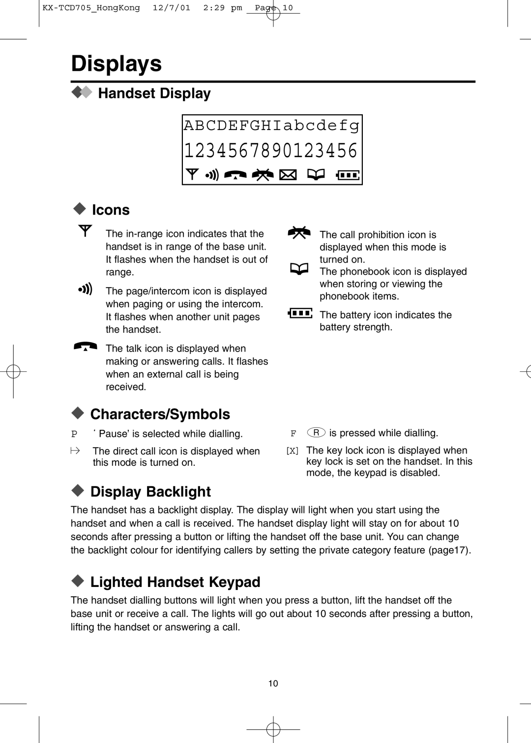 Panasonic KX-TCD705HK operating instructions Displays 