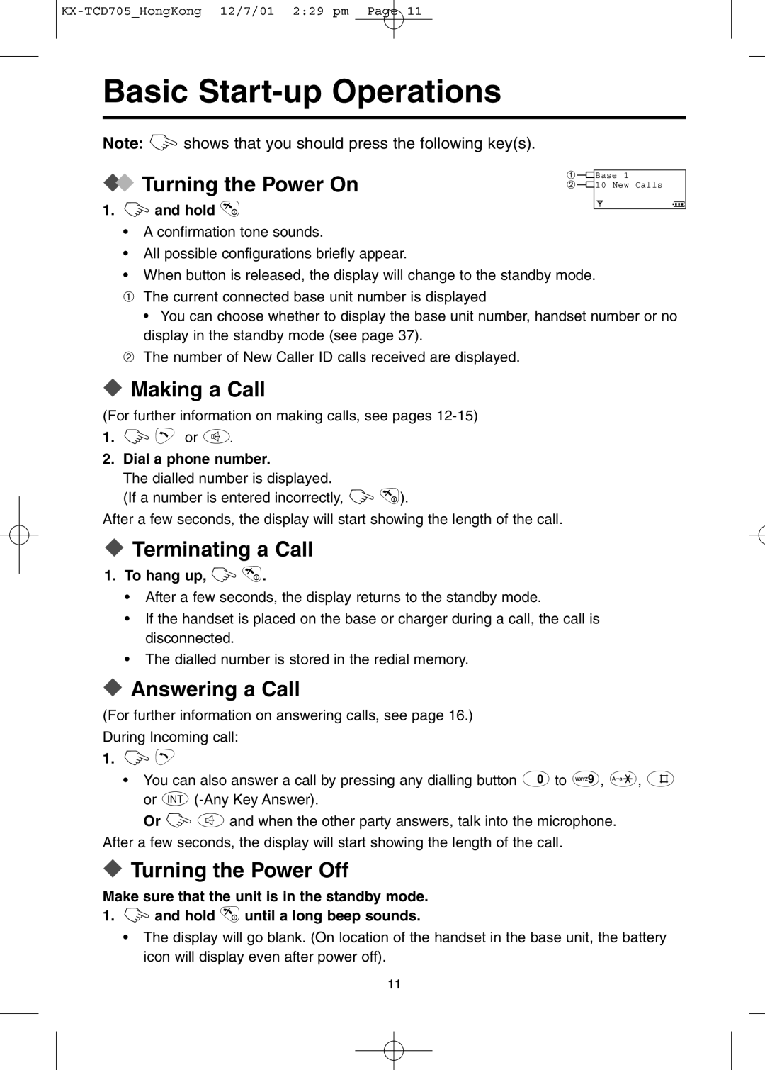 Panasonic KX-TCD705HK operating instructions Basic Start-up Operations 