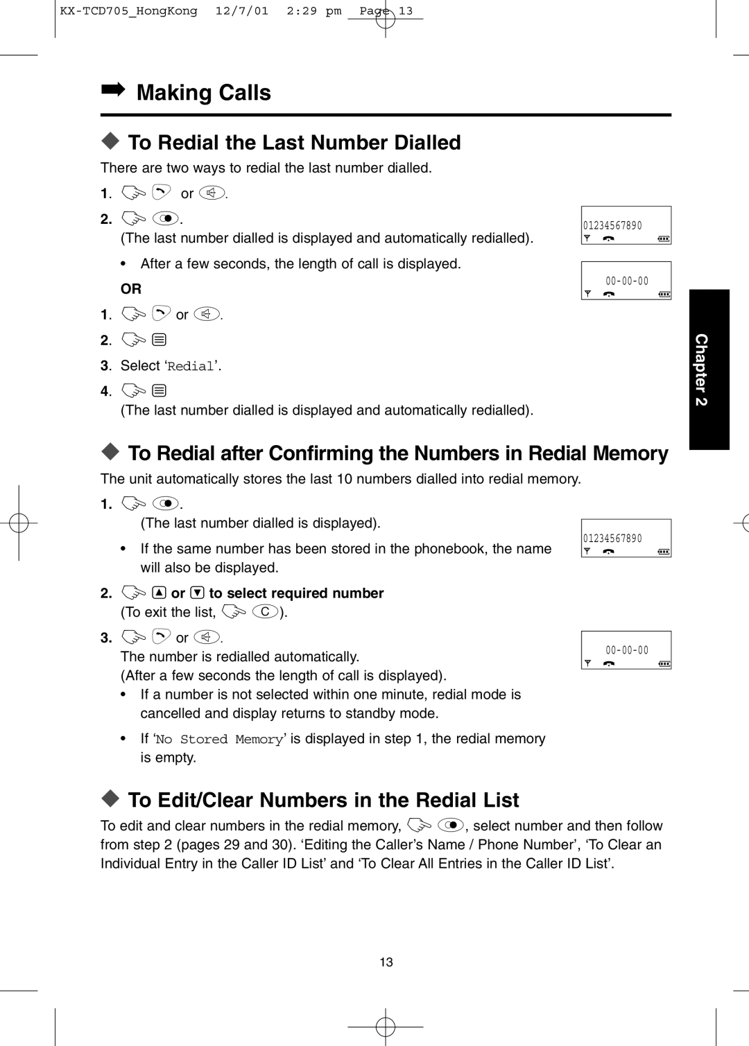 Panasonic KX-TCD705HK Making Calls, To Redial the Last Number Dialled, To Edit/Clear Numbers in the Redial List 