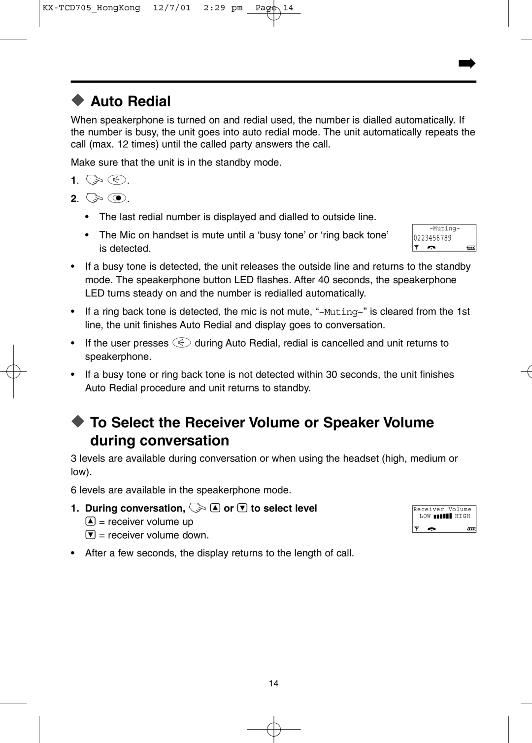 Panasonic KX-TCD705HK operating instructions Auto Redial, During conversation, ZSor Uto select level 