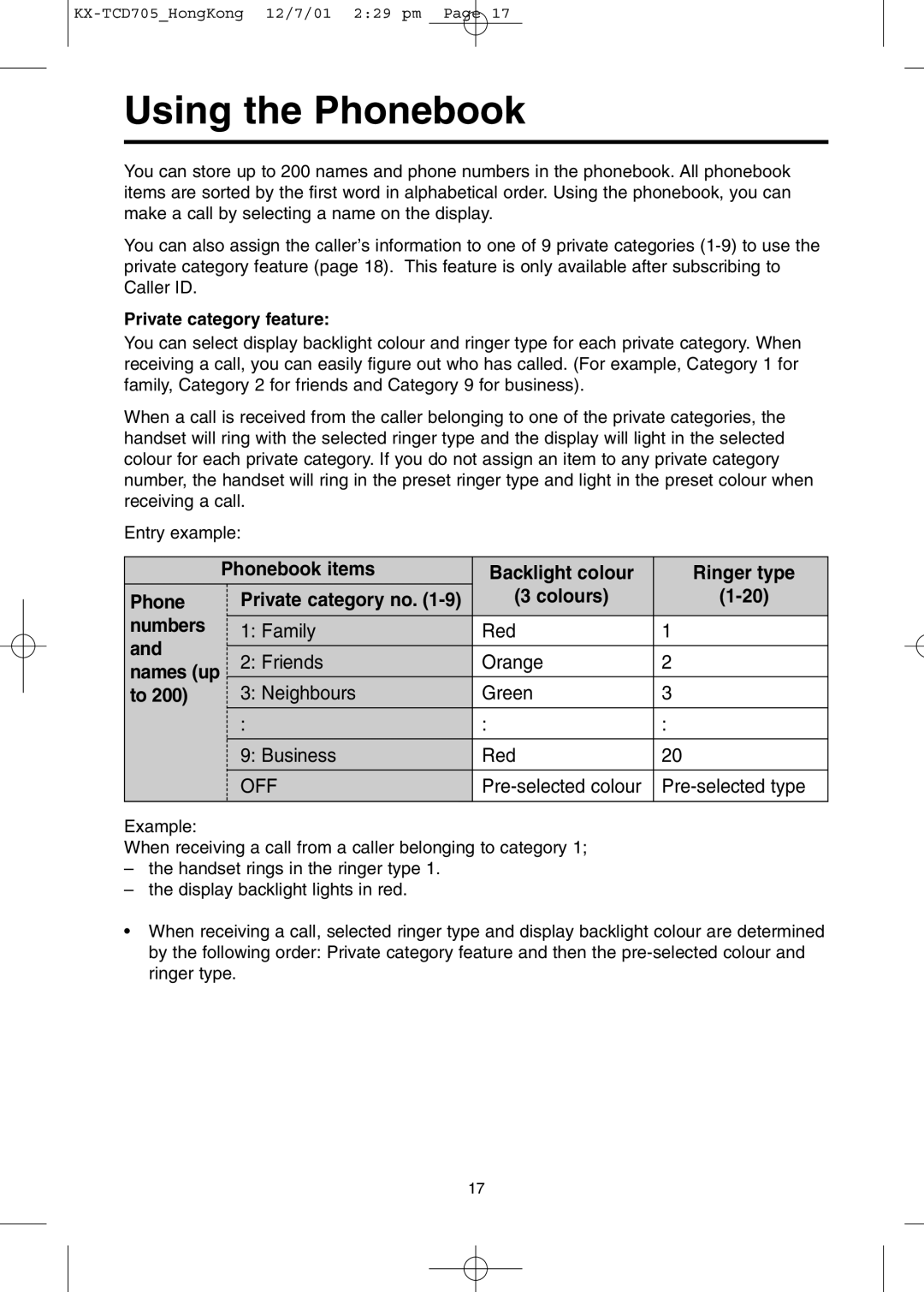 Panasonic KX-TCD705HK operating instructions Using the Phonebook, Private category feature, Names up 