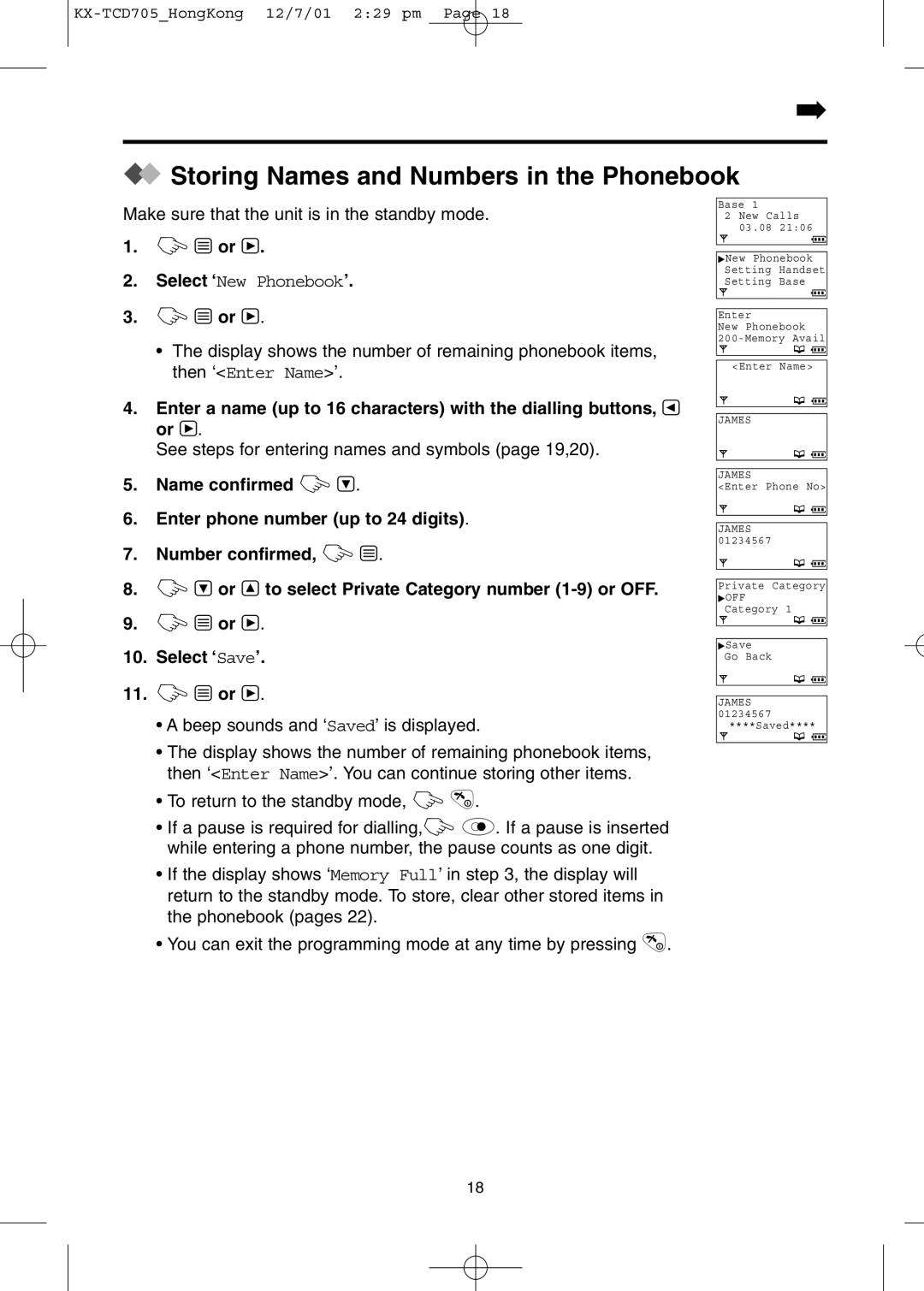 Panasonic KX-TCD705HK operating instructions Storing Names and Numbers in the Phonebook, ZYor, Select ‘Save’ 