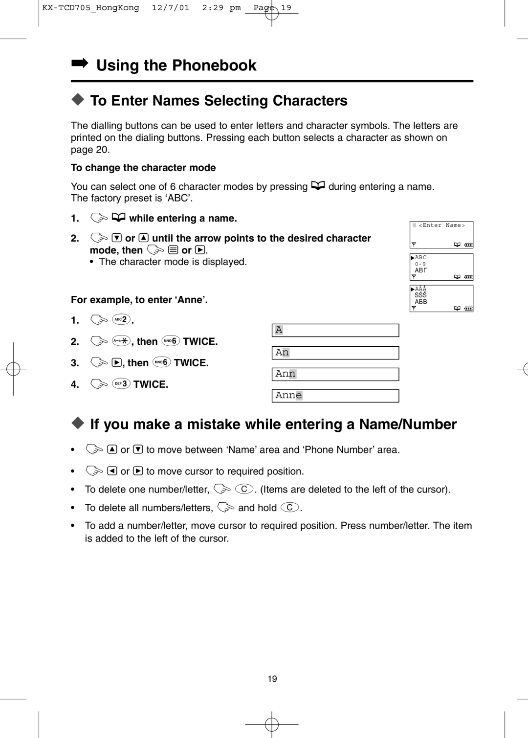 Panasonic KX-TCD705HK Using the Phonebook, To Enter Names Selecting Characters, To change the character mode 