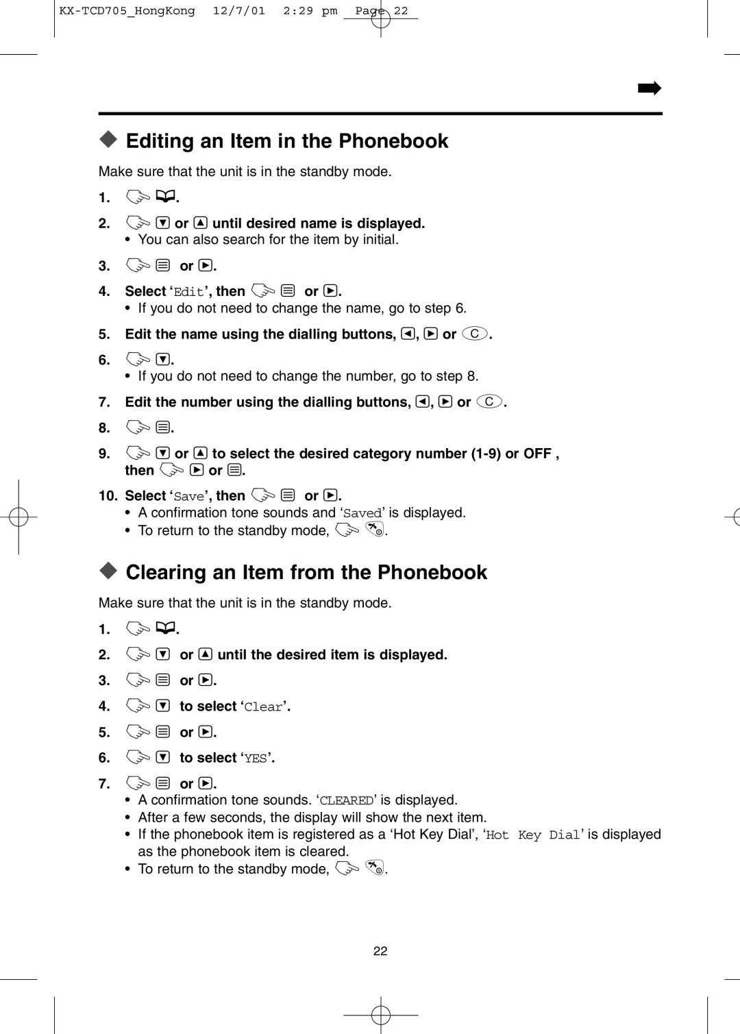 Panasonic KX-TCD705HK operating instructions Editing an Item in the Phonebook, Clearing an Item from the Phonebook 