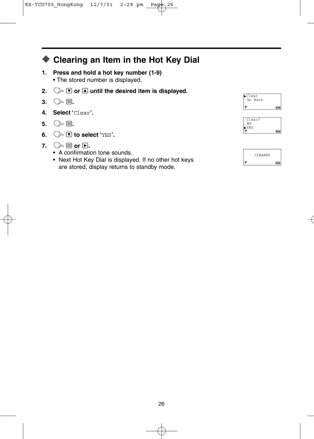 Panasonic KX-TCD705HK operating instructions Clearing an Item in the Hot Key Dial 