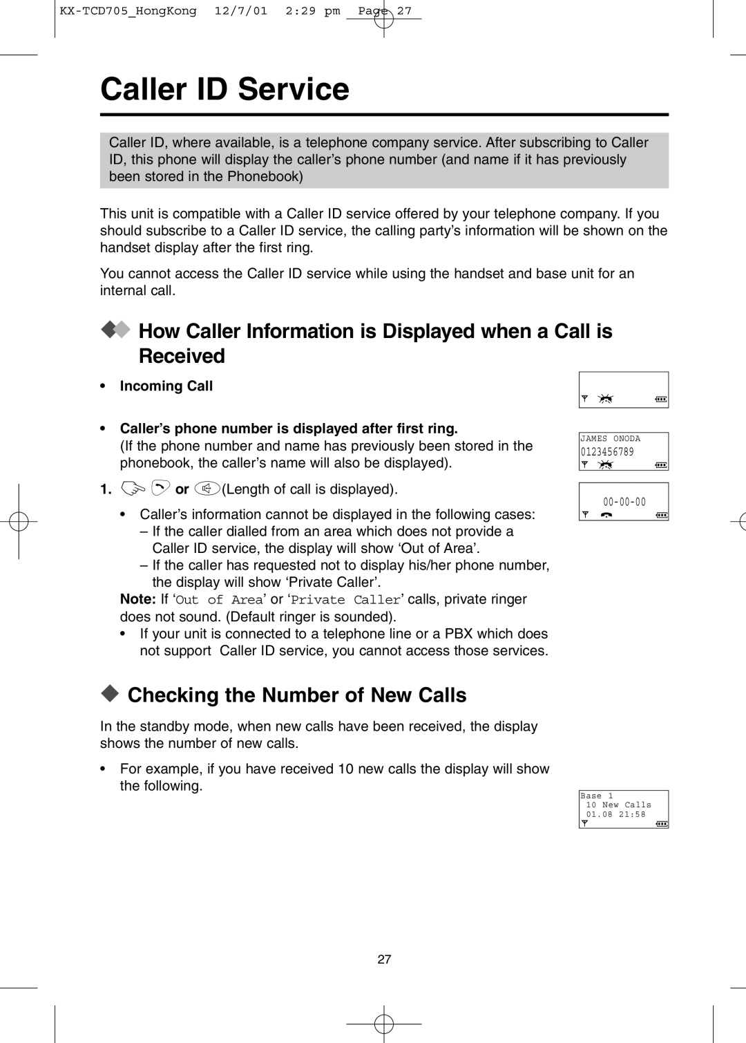 Panasonic KX-TCD705HK Caller ID Service, How Caller Information is Displayed when a Call is Received, Incoming Call 