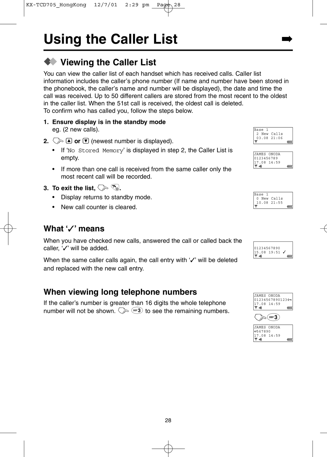 Panasonic KX-TCD705HK Using the Caller List, Viewing the Caller List, What ‘’ means, When viewing long telephone numbers 