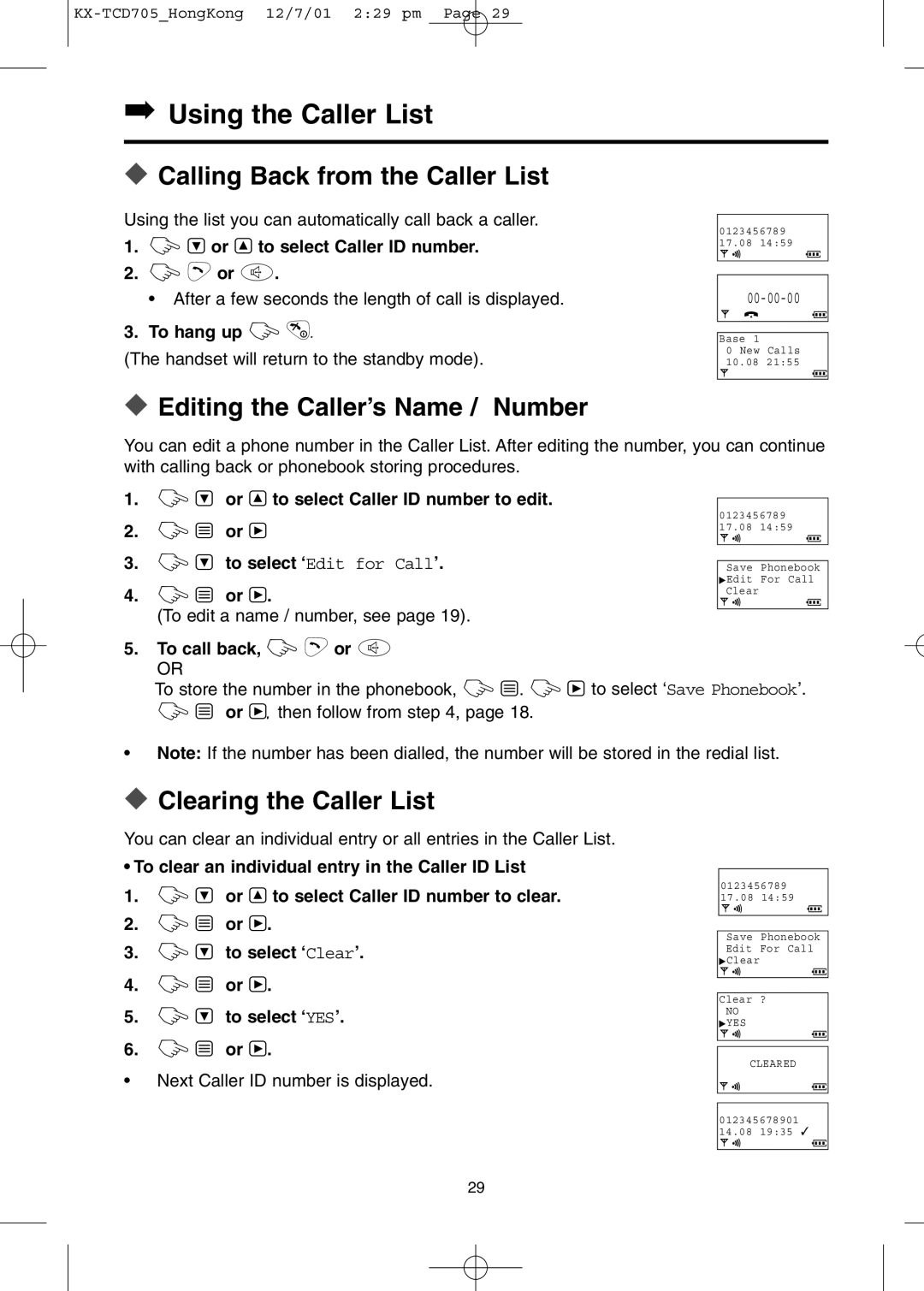 Panasonic KX-TCD705HK Using the Caller List, Calling Back from the Caller List, Editing the Caller’s Name / Number 