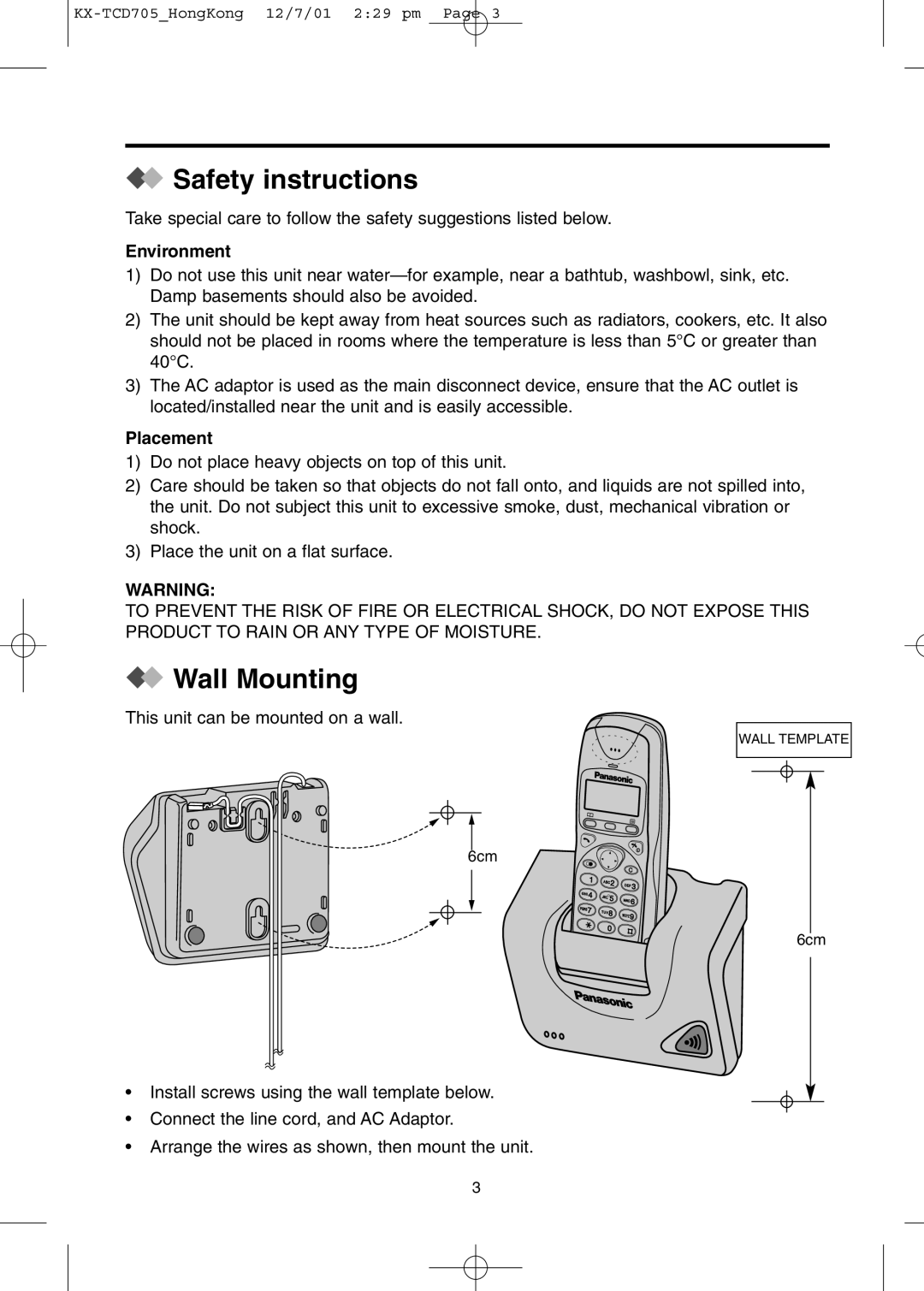 Panasonic KX-TCD705HK operating instructions Safety instructions, Wall Mounting, Environment, Placement 