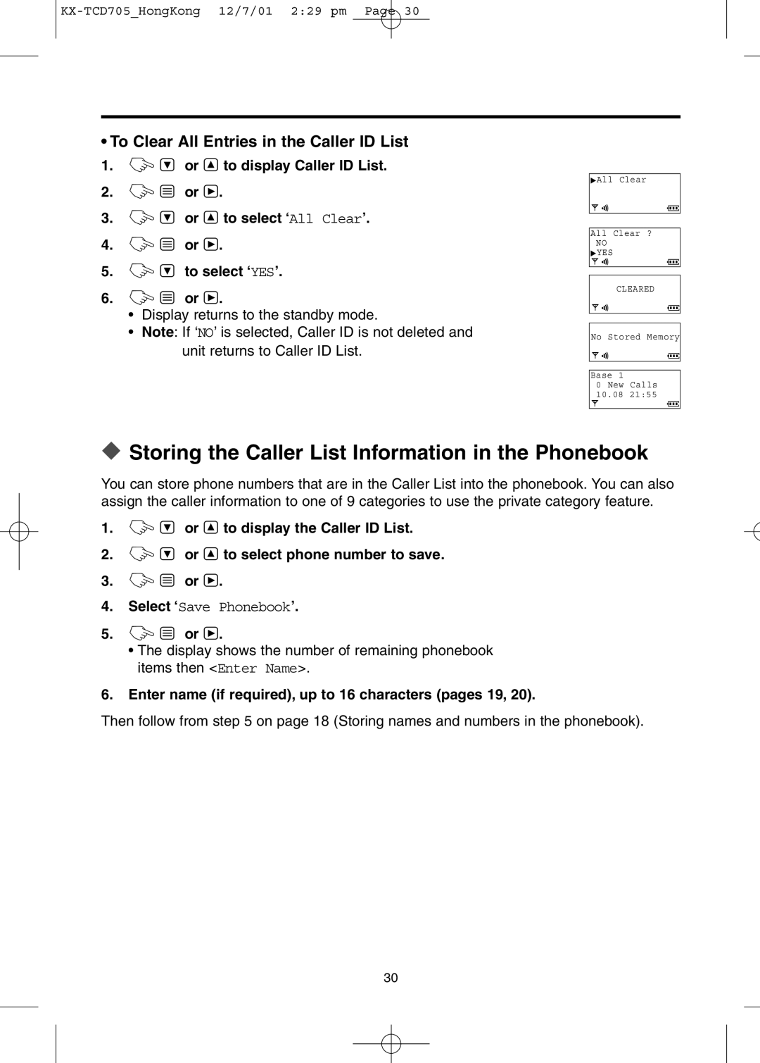 Panasonic KX-TCD705HK Storing the Caller List Information in the Phonebook, ZU or Sto display Caller ID List 