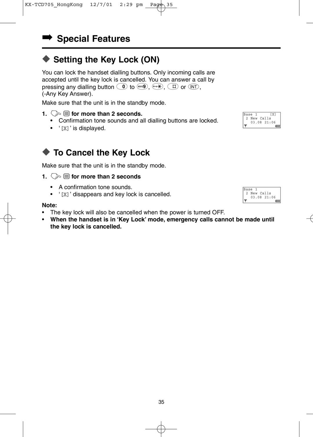 Panasonic KX-TCD705HK Special Features, Setting the Key Lock on, To Cancel the Key Lock, ZYfor more than 2 seconds 