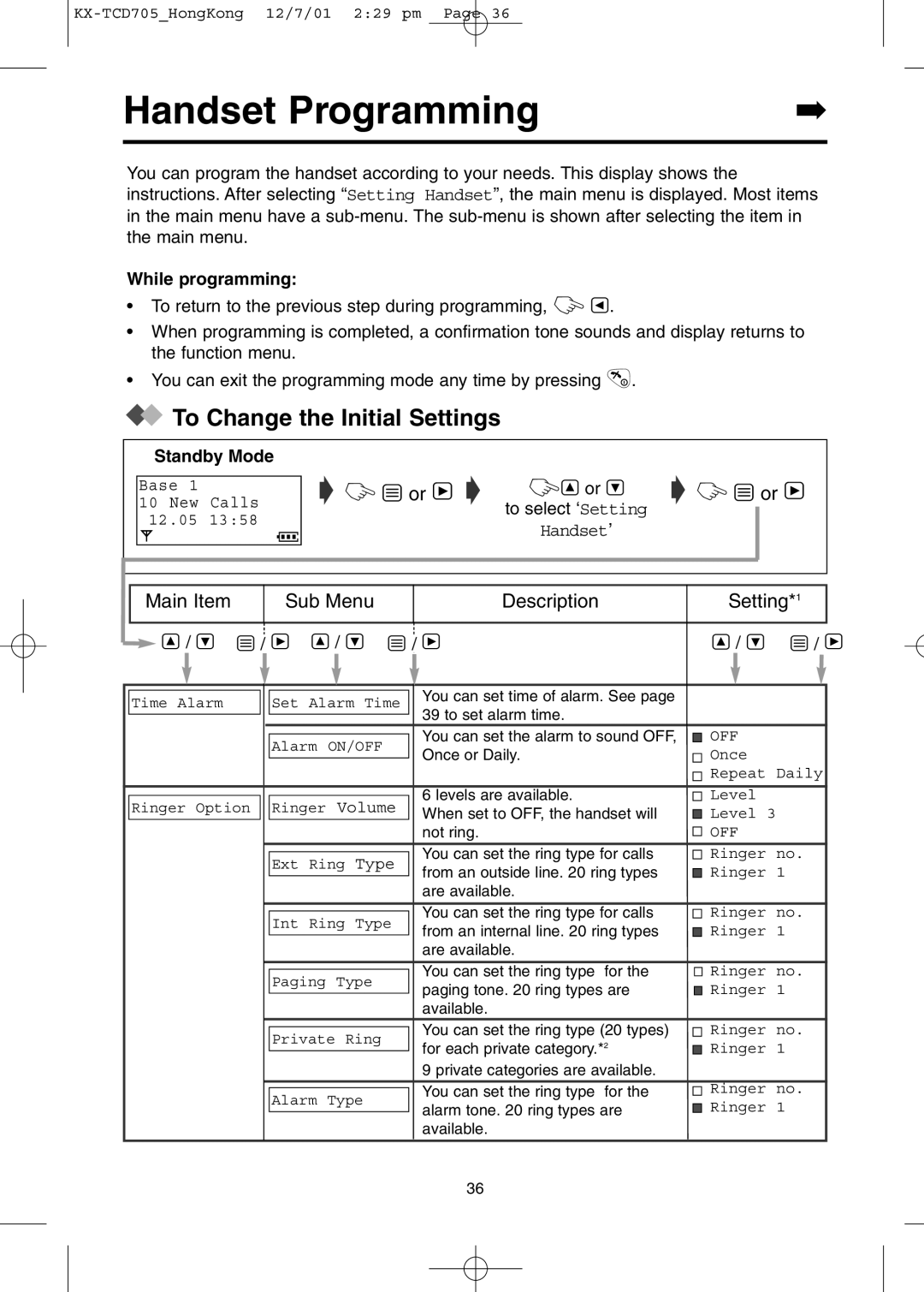 Panasonic KX-TCD705HK Handset Programming, To Change the Initial Settings, While programming, Standby Mode 