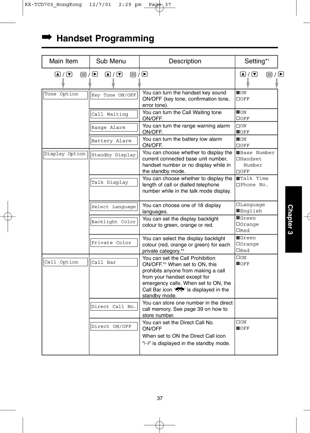 Panasonic KX-TCD705HK operating instructions Handset Programming 