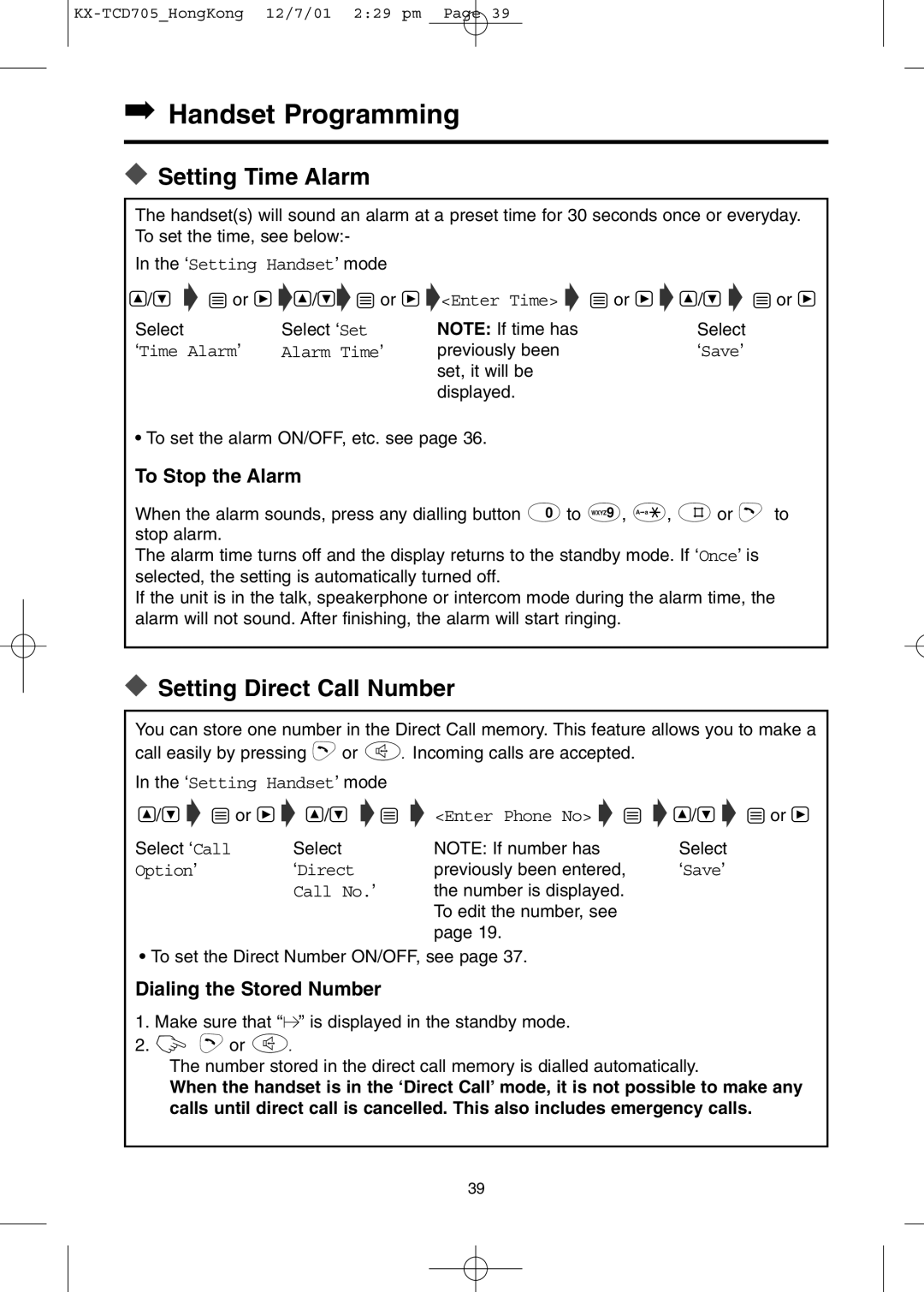 Panasonic KX-TCD705HK operating instructions Setting Time Alarm, Setting Direct Call Number 