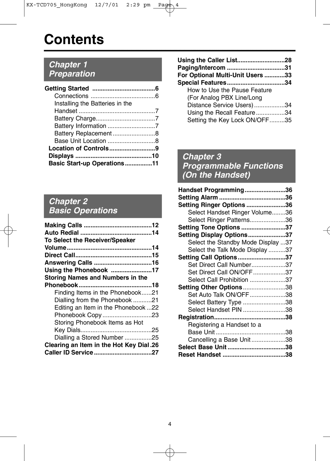 Panasonic KX-TCD705HK operating instructions Contents 