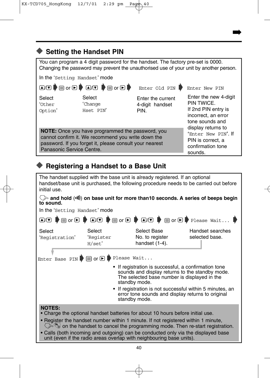 Panasonic KX-TCD705HK operating instructions Setting the Handset PIN, Registering a Handset to a Base Unit 