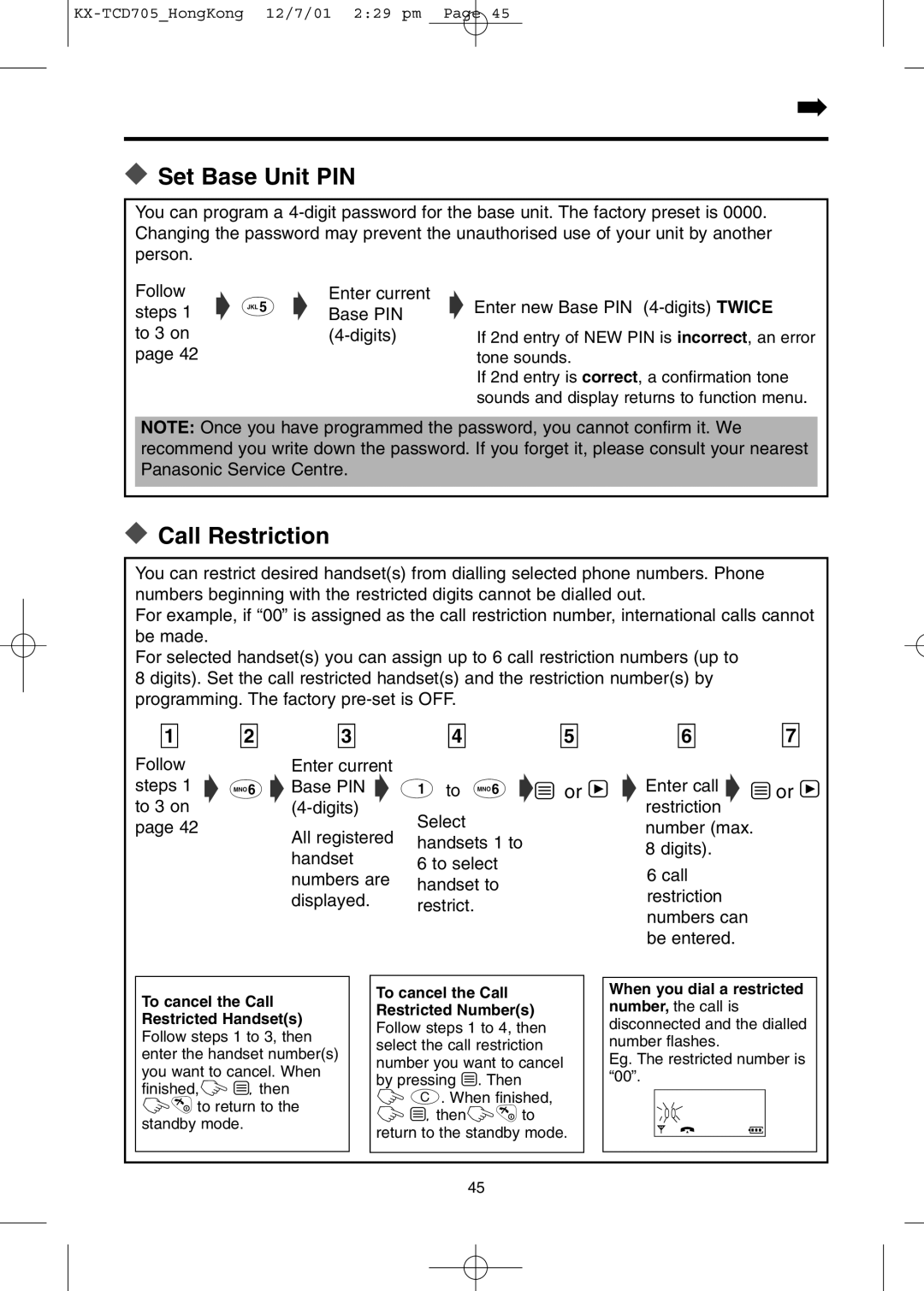 Panasonic KX-TCD705HK operating instructions Set Base Unit PIN, Call Restriction 