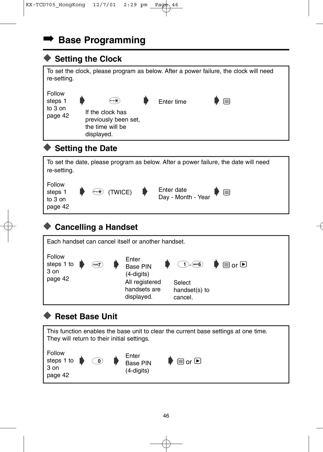 Panasonic KX-TCD705HK operating instructions Setting the Clock, Setting the Date, Cancelling a Handset, Reset Base Unit 