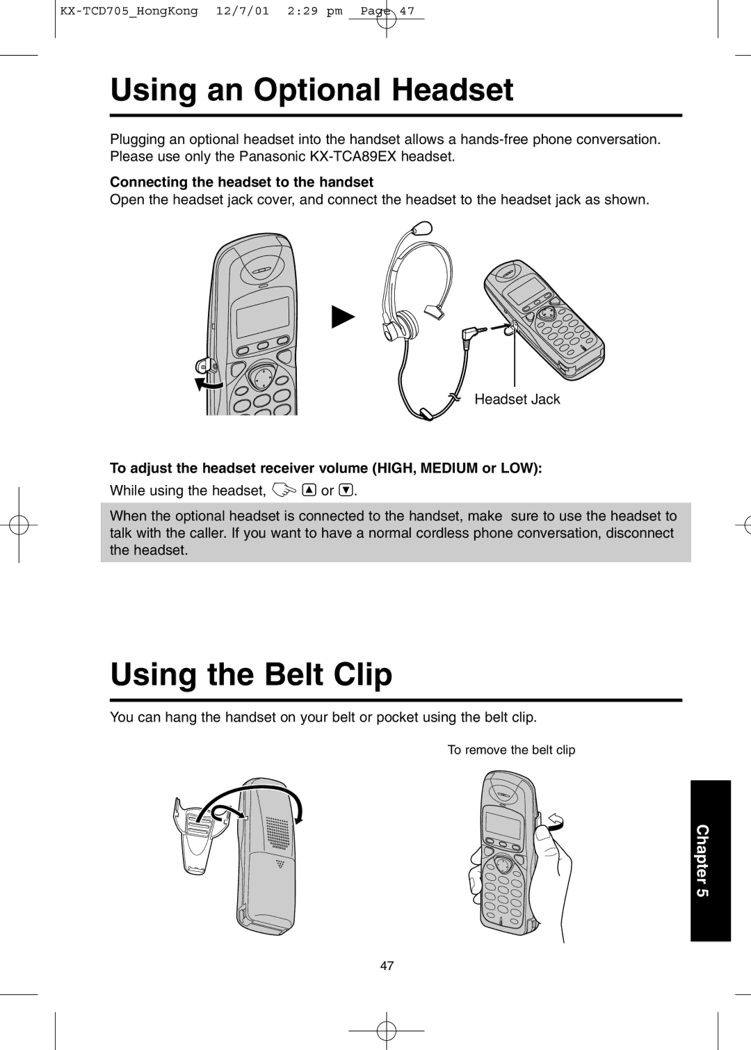 Panasonic KX-TCD705HK Using an Optional Headset, Using the Belt Clip, Connecting the headset to the handset 