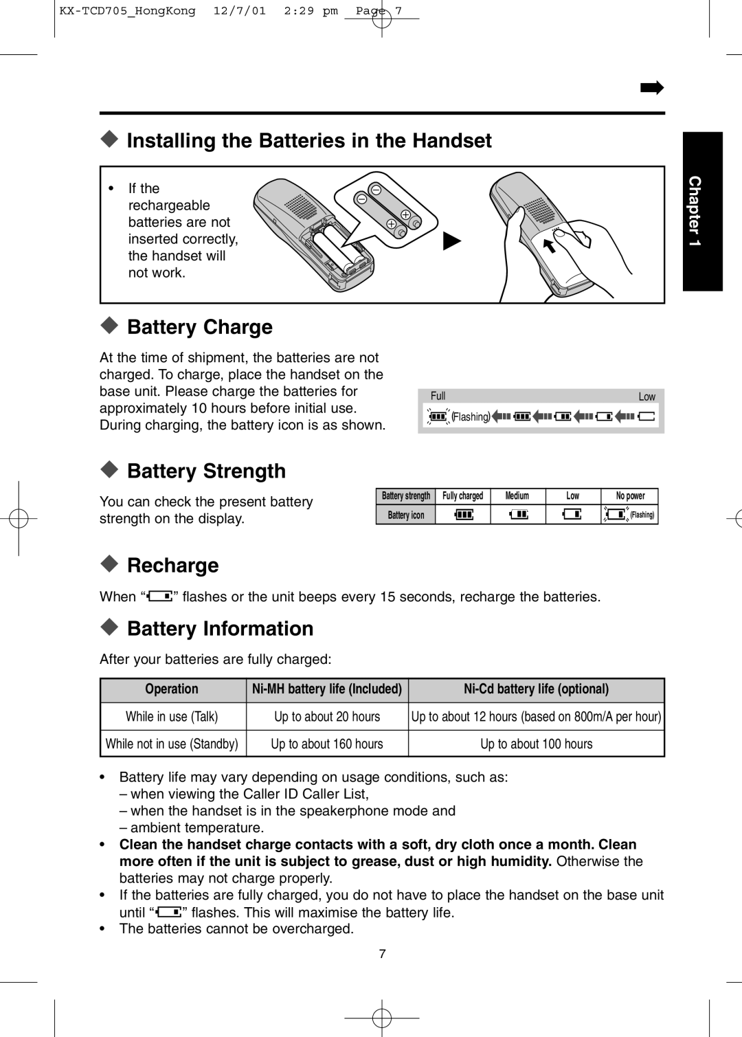 Panasonic KX-TCD705HK Installing the Batteries in the Handset, Battery Charge, Battery Strength, Recharge 