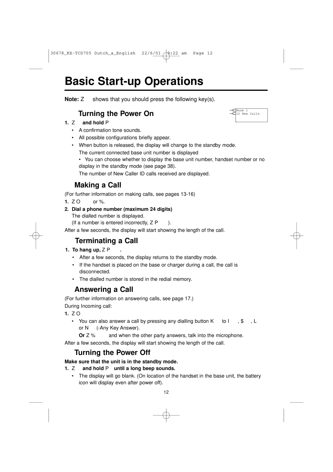 Panasonic KX-TCD705NL operating instructions Basic Start-up Operations 