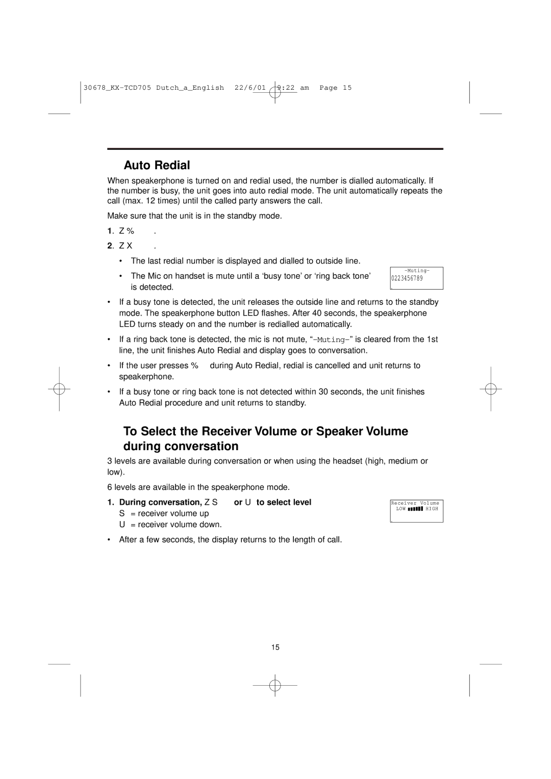 Panasonic KX-TCD705NL operating instructions Auto Redial, During conversation, Z S or U to select level 