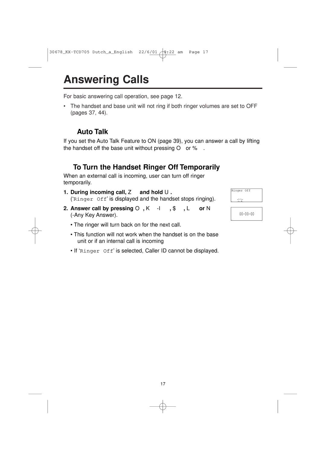 Panasonic KX-TCD705NL operating instructions Answering Calls, Auto Talk, To Turn the Handset Ringer Off Temporarily 