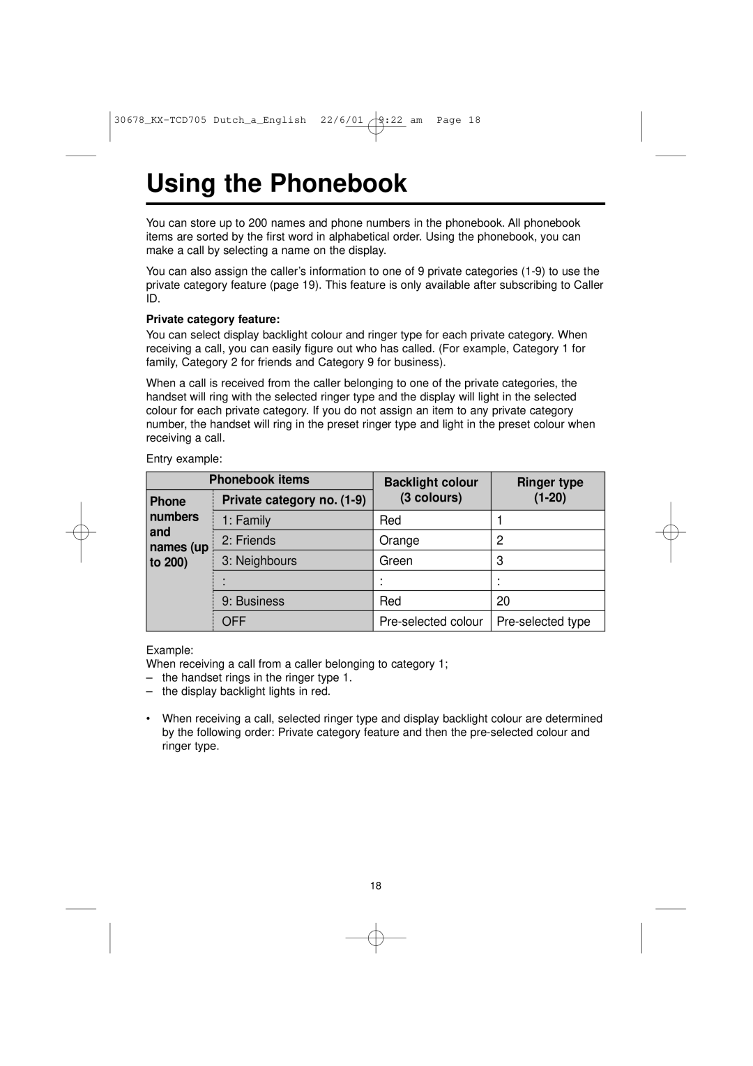 Panasonic KX-TCD705NL operating instructions Using the Phonebook, Private category feature, Names up 