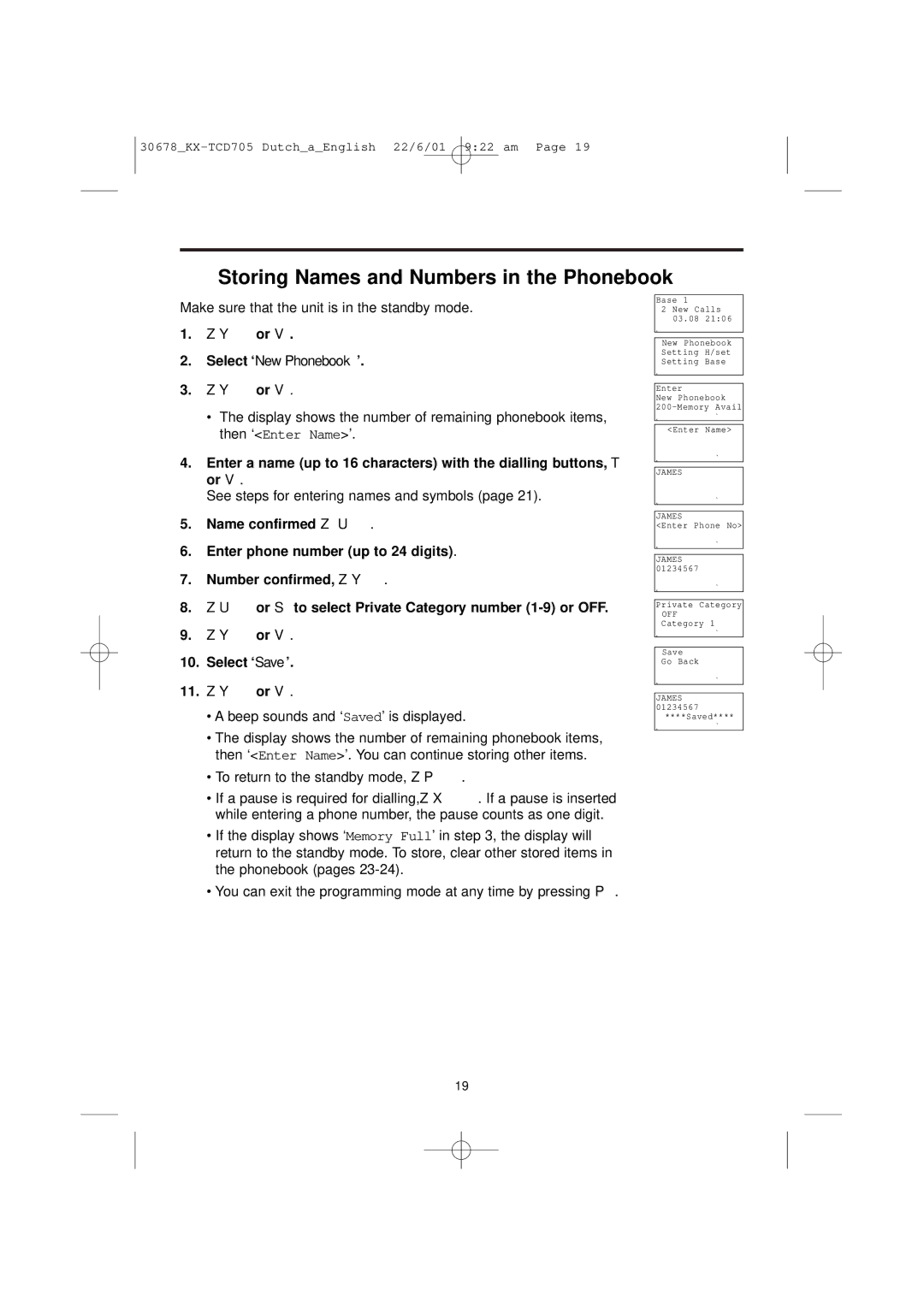 Panasonic KX-TCD705NL operating instructions Storing Names and Numbers in the Phonebook, Select ‘Save’ 