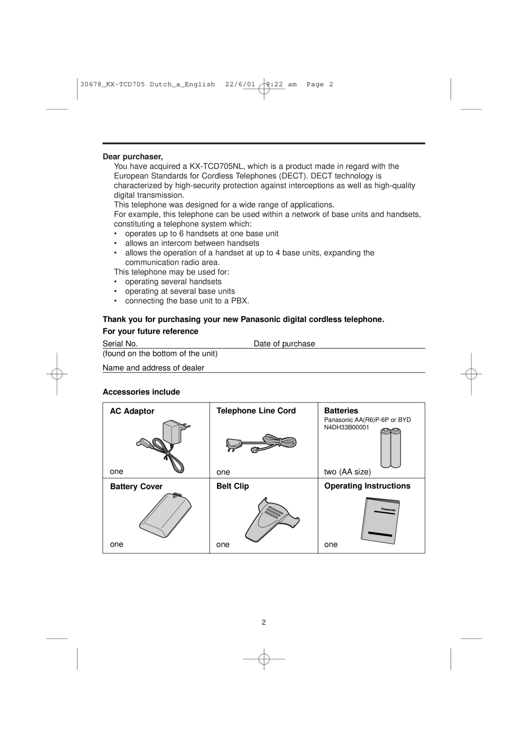 Panasonic KX-TCD705NL operating instructions Dear purchaser, Battery Cover Belt Clip Operating Instructions 