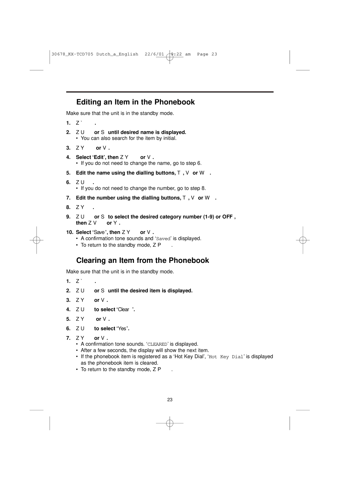 Panasonic KX-TCD705NL operating instructions Editing an Item in the Phonebook, Clearing an Item from the Phonebook 