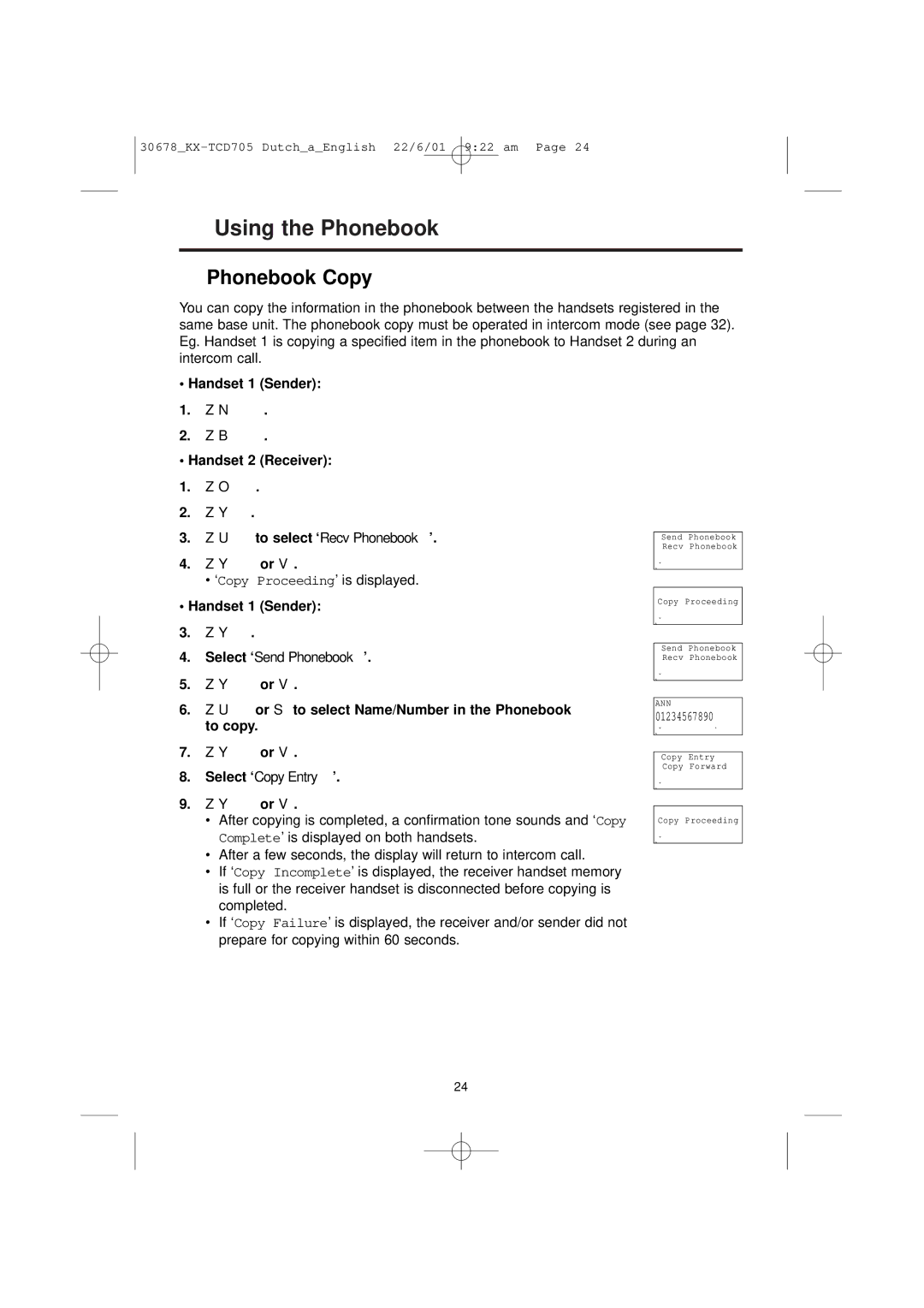 Panasonic KX-TCD705NL operating instructions Phonebook Copy, Handset 1 Sender Handset 2 Receiver, Select ‘Copy Entry’ 