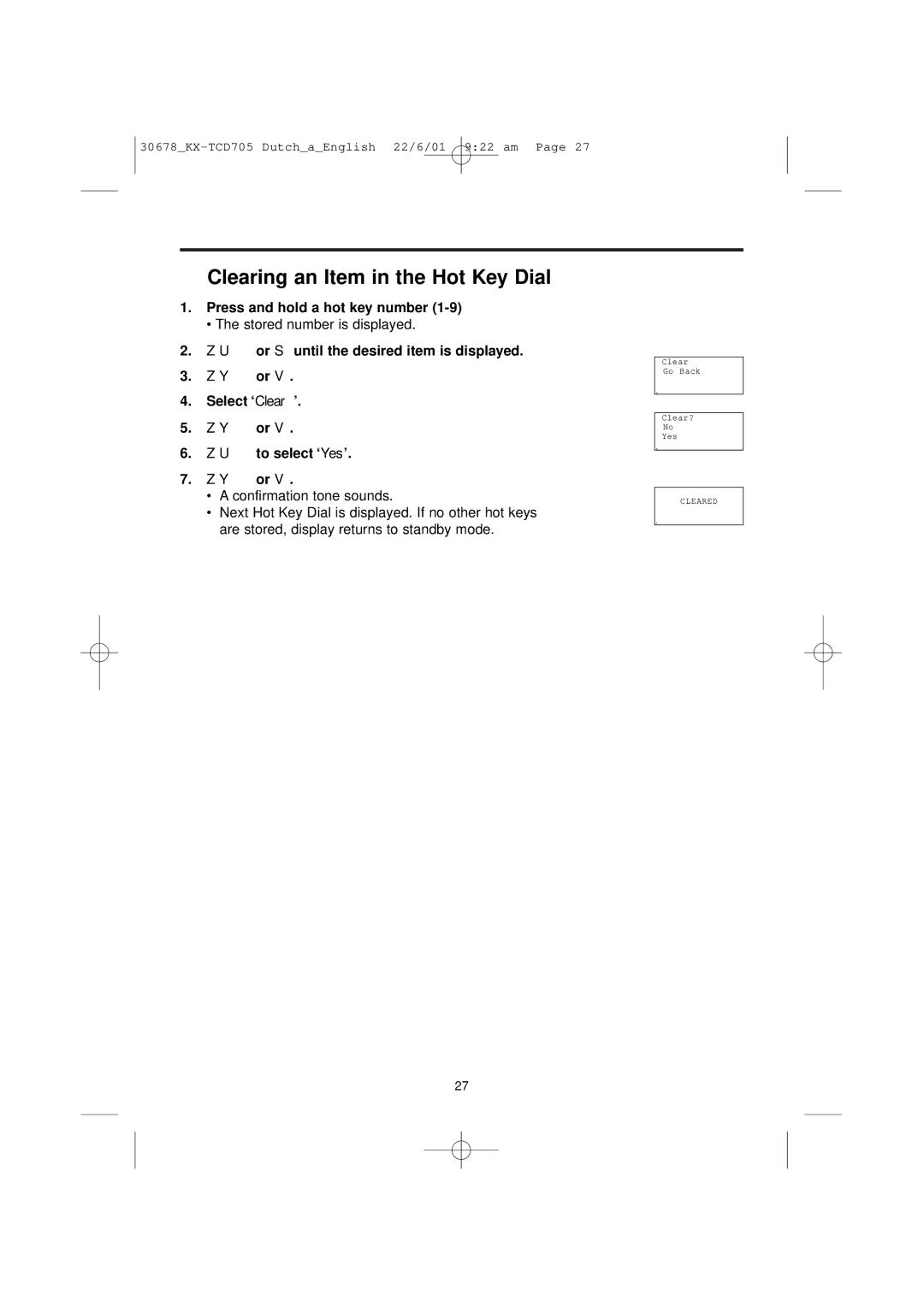 Panasonic KX-TCD705NL operating instructions Clearing an Item in the Hot Key Dial, Select ‘Clear’ 