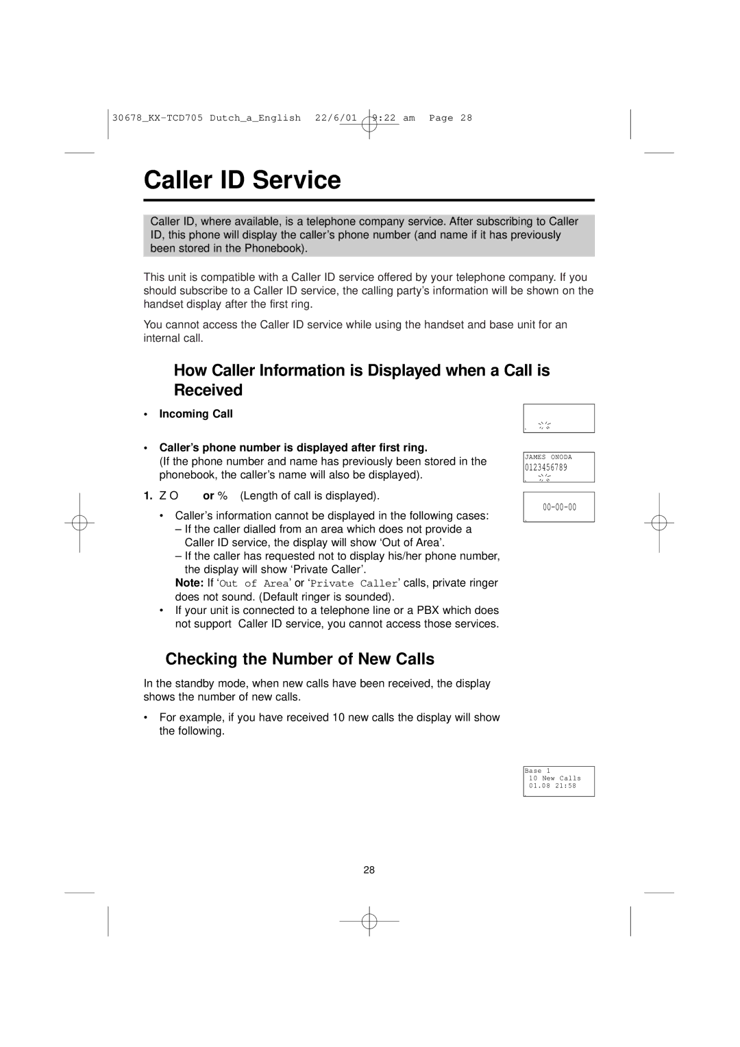 Panasonic KX-TCD705NL Caller ID Service, How Caller Information is Displayed when a Call is Received, Incoming Call 