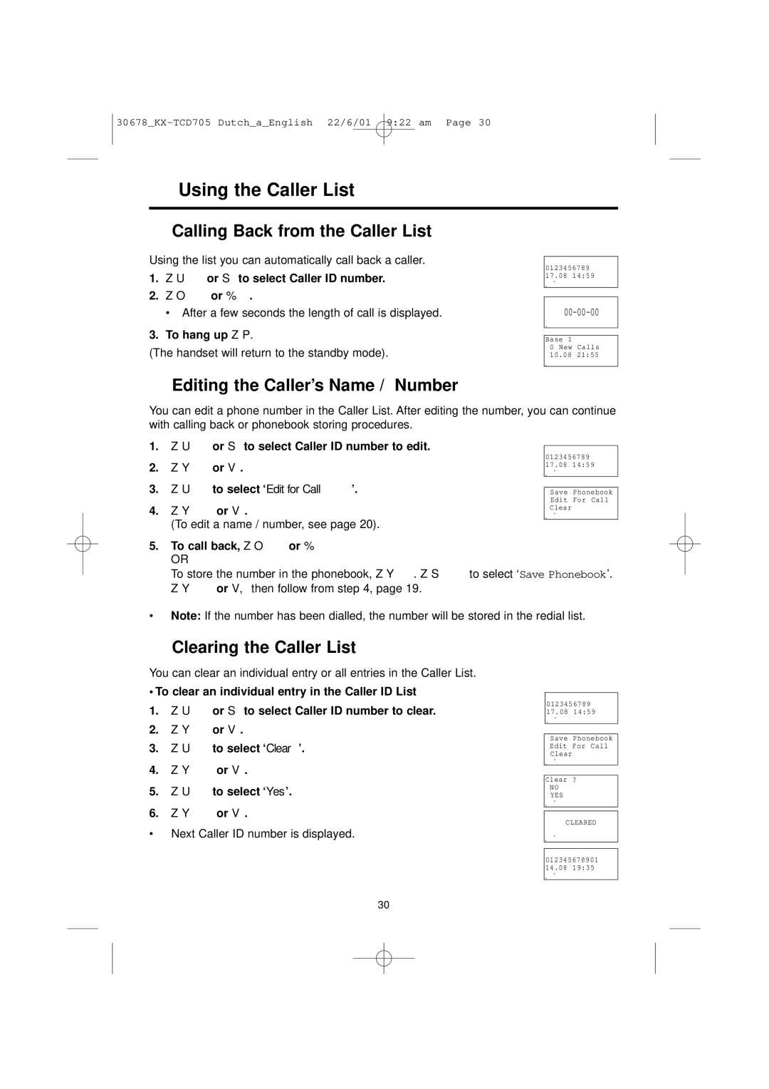 Panasonic KX-TCD705NL Calling Back from the Caller List, Editing the Caller’s Name / Number, Clearing the Caller List 