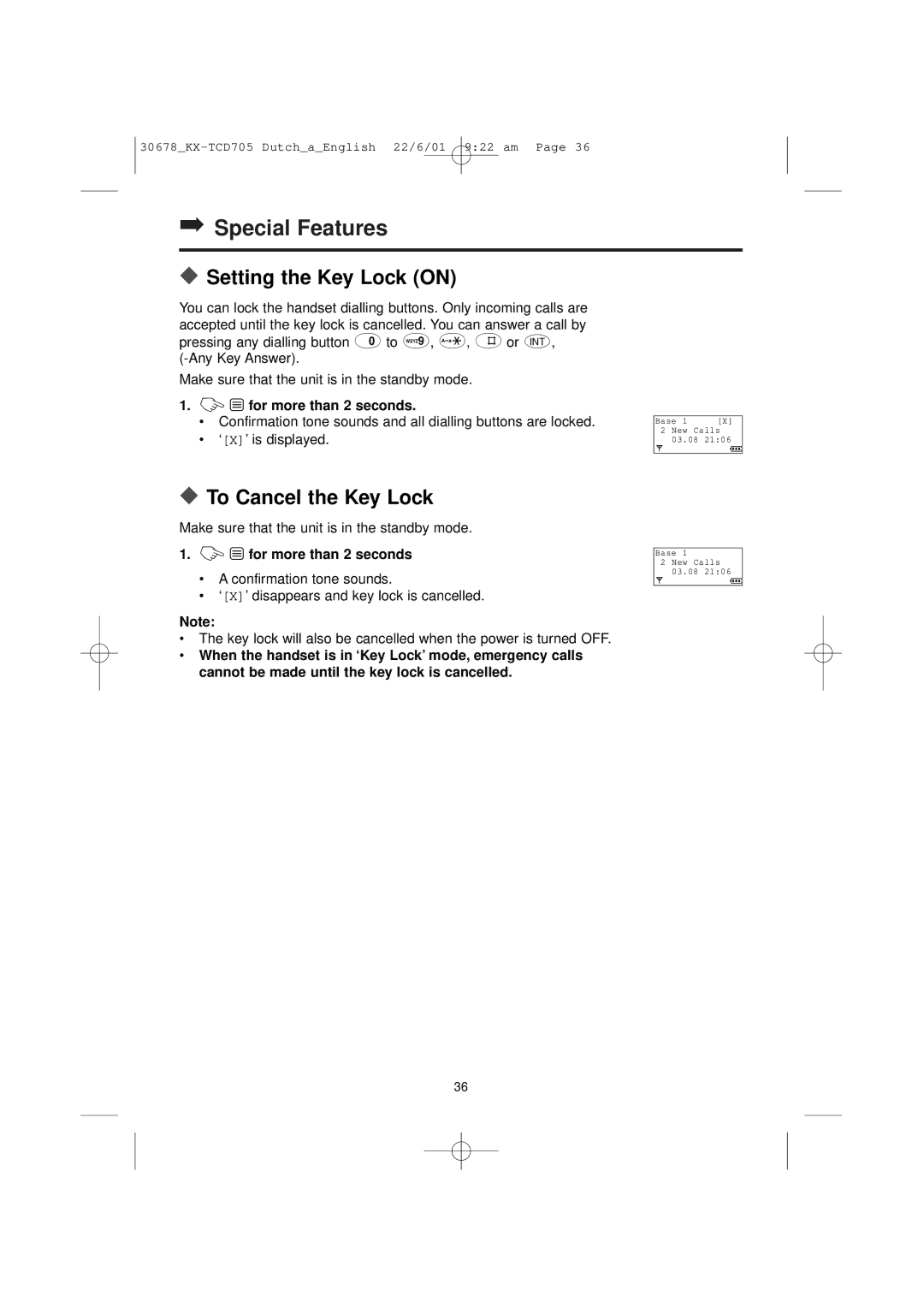 Panasonic KX-TCD705NL operating instructions Setting the Key Lock on, To Cancel the Key Lock, Y for more than 2 seconds 