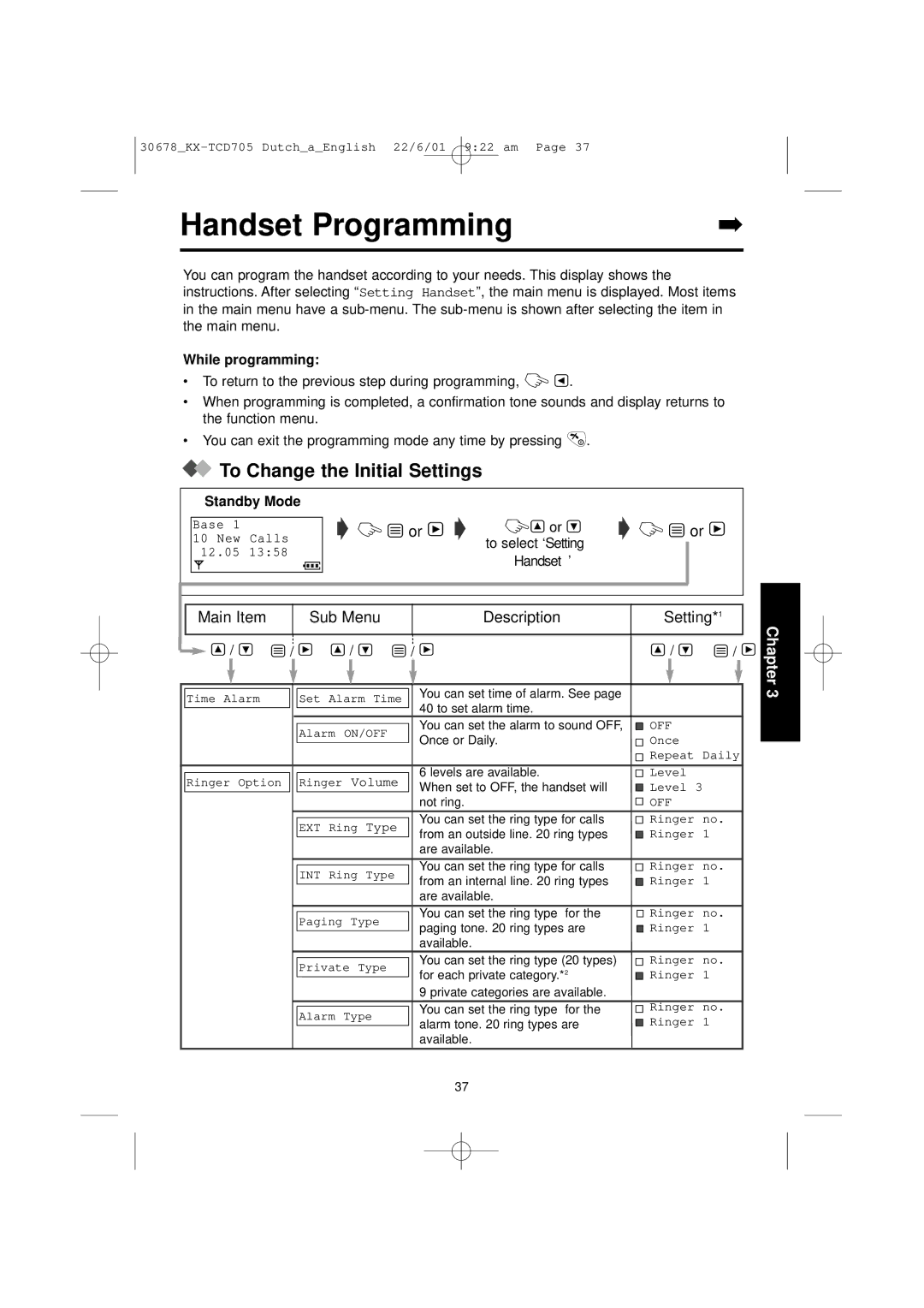 Panasonic KX-TCD705NL Handset Programming, To Change the Initial Settings, While programming, Standby Mode 