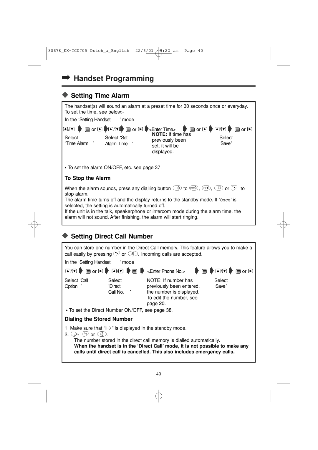 Panasonic KX-TCD705NL operating instructions Setting Time Alarm, Setting Direct Call Number 