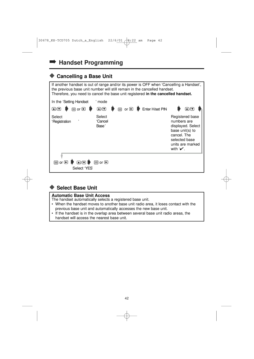 Panasonic KX-TCD705NL operating instructions Cancelling a Base Unit, Select Base Unit 