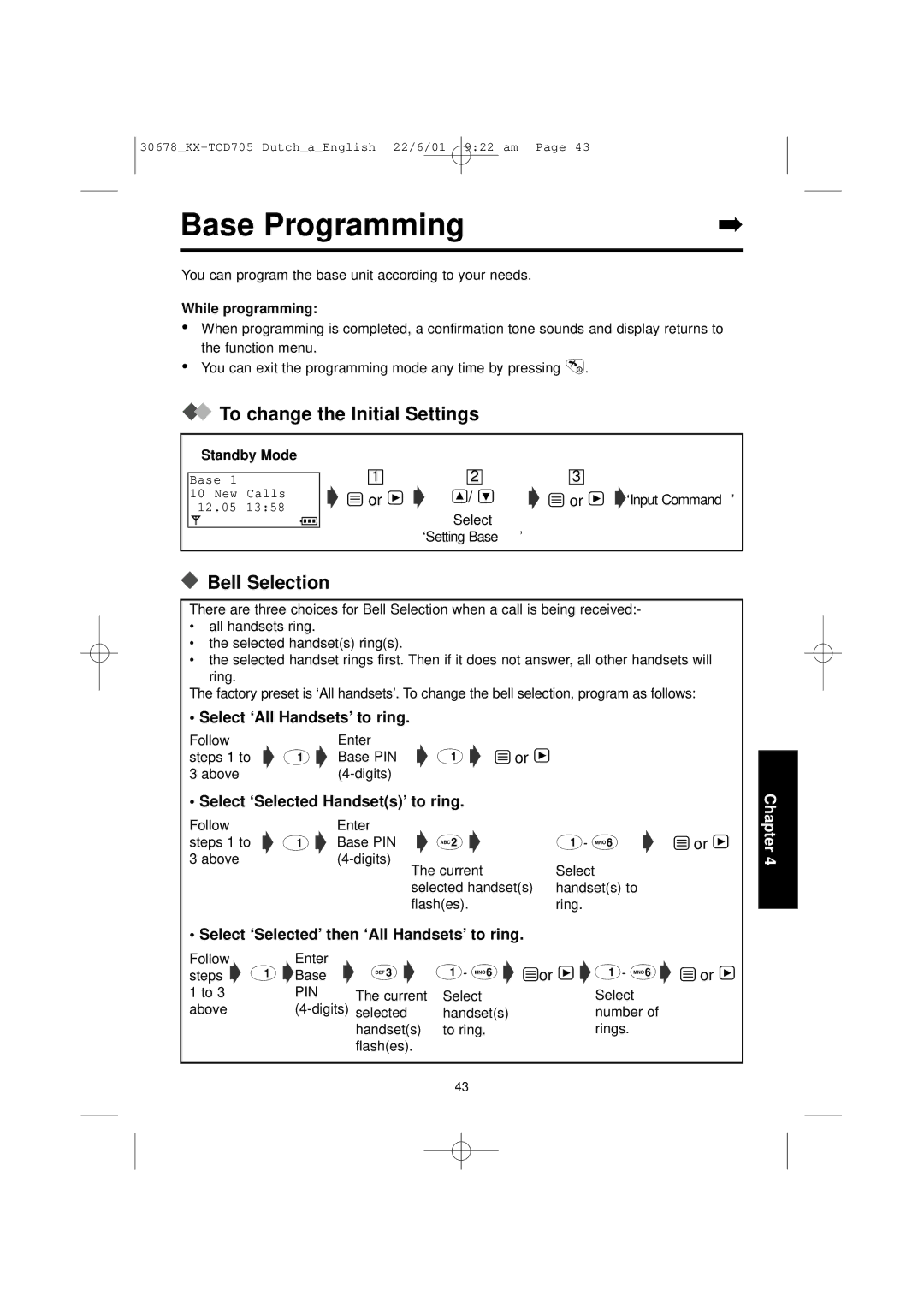 Panasonic KX-TCD705NL operating instructions Base Programming, Bell Selection 