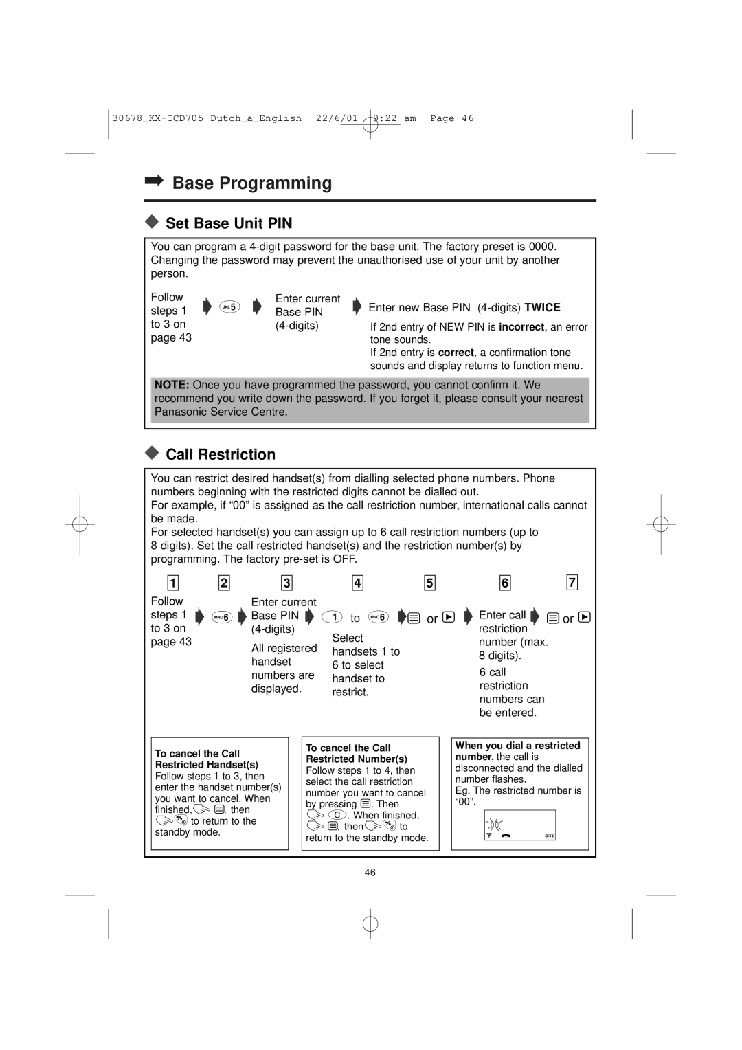 Panasonic KX-TCD705NL operating instructions Set Base Unit PIN, Call Restriction 