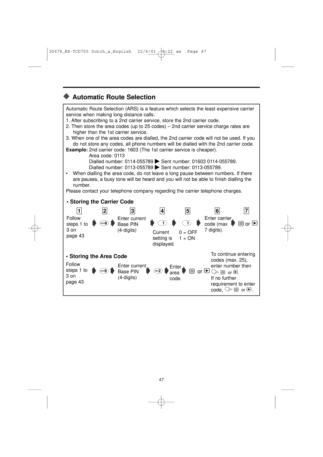 Panasonic KX-TCD705NL operating instructions Automatic Route Selection, Storing the Area Code 