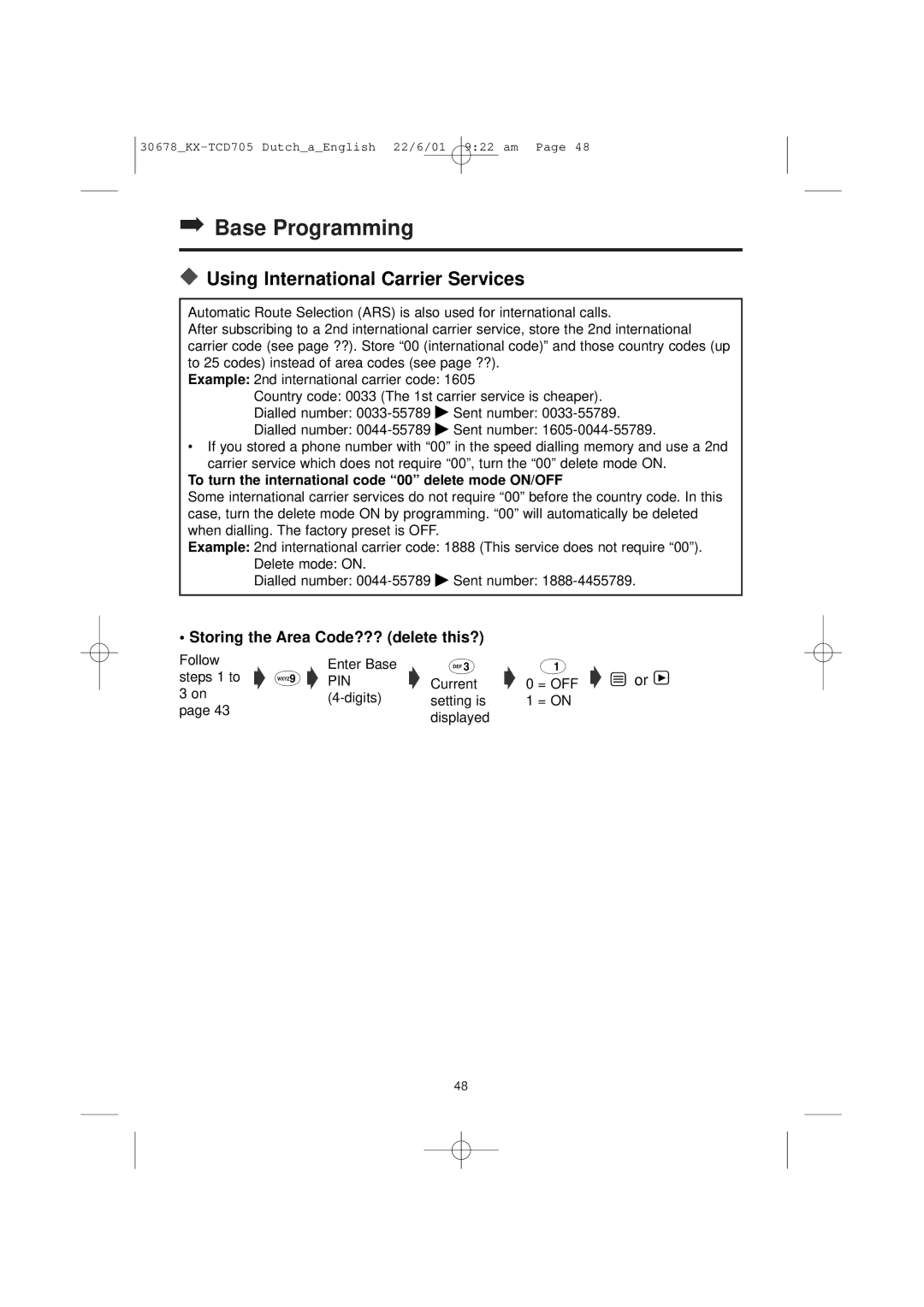 Panasonic KX-TCD705NL Using International Carrier Services, To turn the international code 00 delete mode ON/OFF 